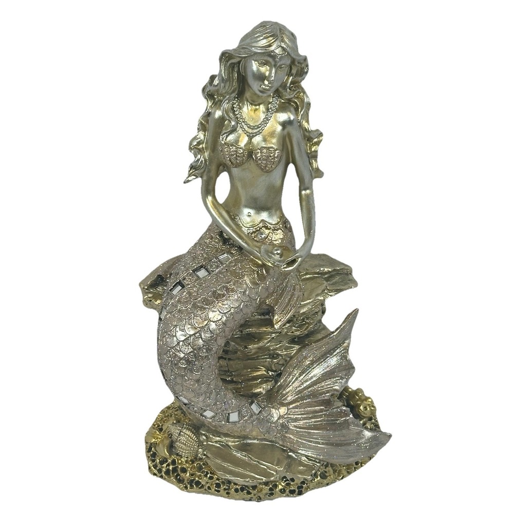 Mermaid Figurine Coastal Beach‎ Ocean Decor Shelf Statue Gold Glitter New